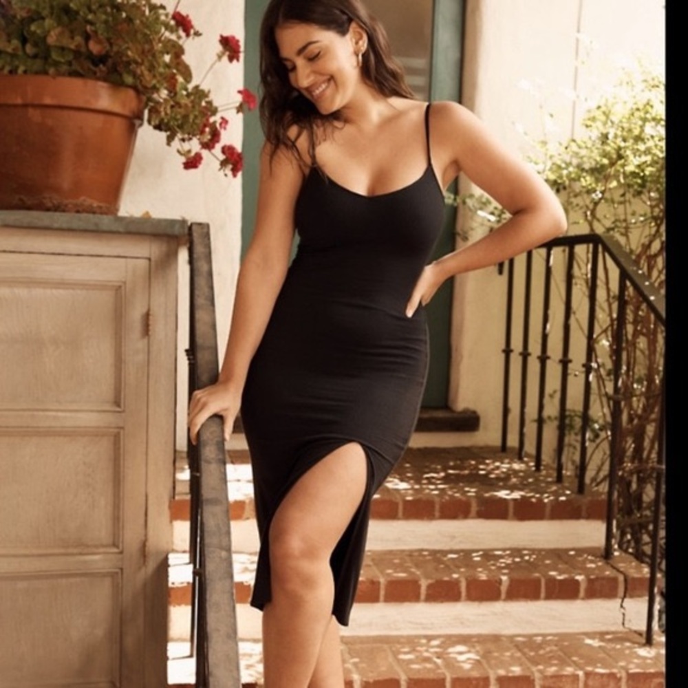 Abercrombie Black Seamless Ribbed Knit Low Back Midi Slit Dress